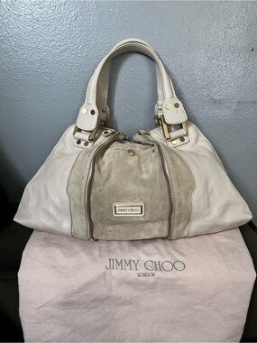 Jimmy Choo Boston Cream Leather & Suede Shoulder Bag with Gold Hardware